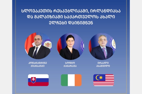 სლოვაკეთში, ირლანდიასა და მალაიზიაში საქართველოს ახალი ელჩები დაინიშნენ